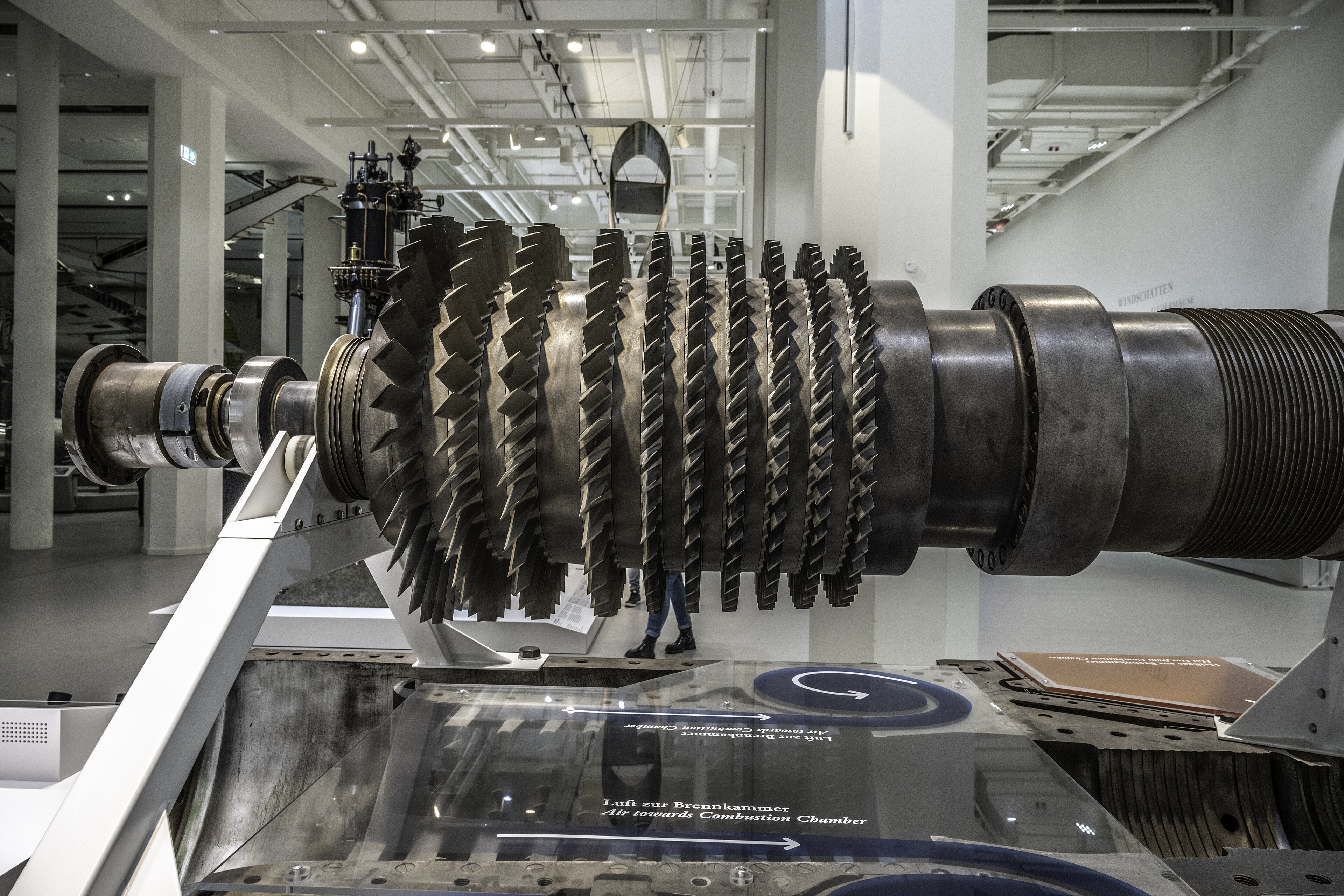 Close-up of the metallic blades on a gas turbine axial compressor rotor